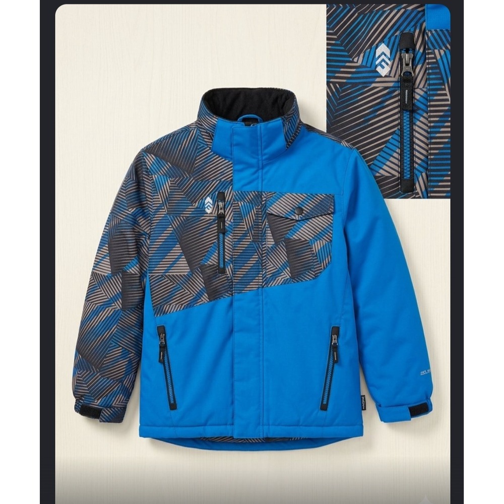 Free Country Boys Blue Geometric Puffer Winter Jacket Size S 7/8 Full Zip Coat